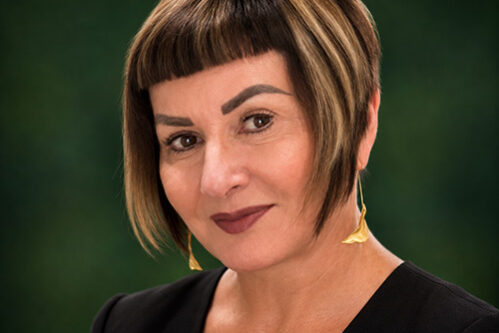 Donna Portrait of a woman with short dark hair and blonde highlights, wearing a black top and gold earrings, against a green background.